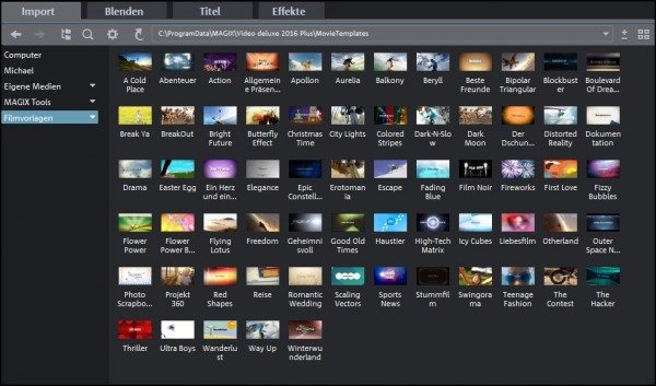 Jede Menge Vorlagen zeichnen die Magix Software aus. Intros, Outros, Informationsblenden usw.
