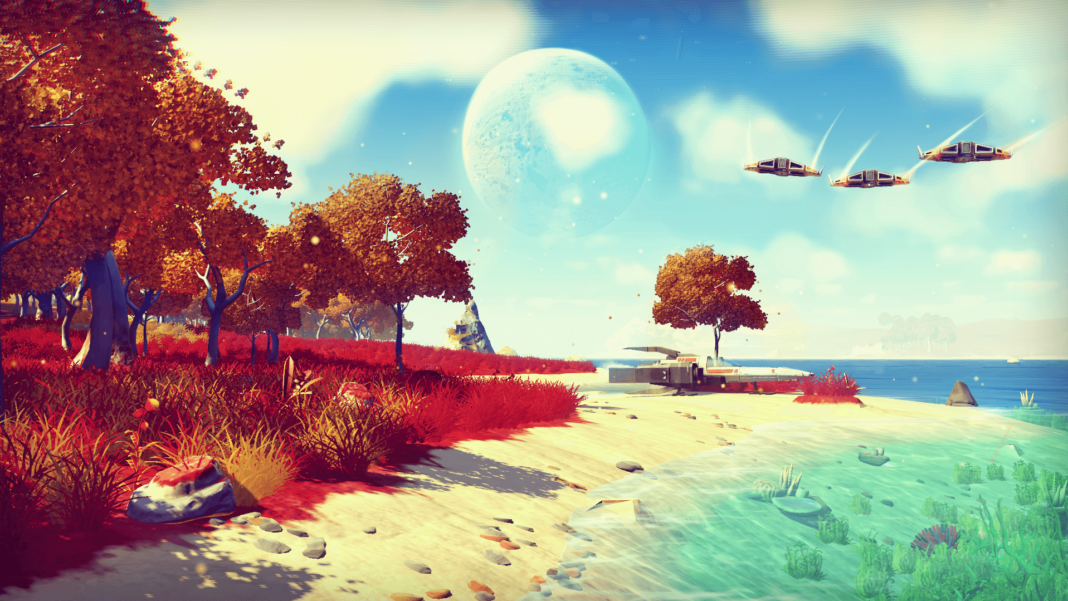 Ein Screenshot aus No Man's Sky, ein Strand gesäumt mit roten Bäumen