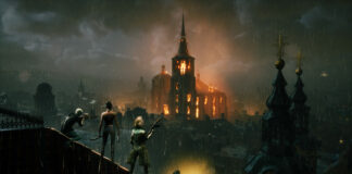 Drei Vampire die im Regen bewaffnet auf einem Häuserdach stehen, im Hintergrund eine brennende Kirche