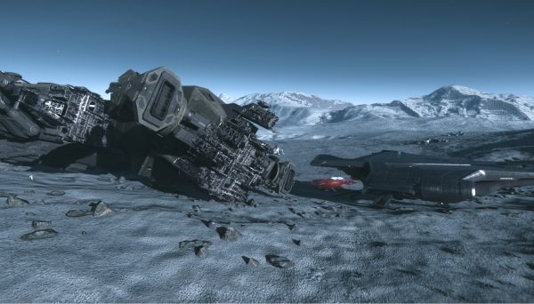 Ein zerstörtes Bergungsschiff auf einem eisigen Mond nach einem Hard Death. <yoastmark class=