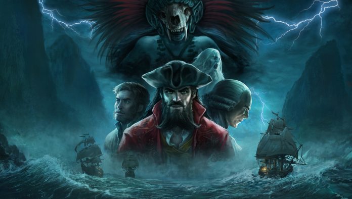 Die düstere und atmosphärische Key Art des Spiels zeigt Captain Flint und seine Crew, während sie sich den Gefahren der Karibik stellen.