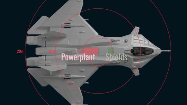 Diagramm zeigt den Explosionsradius einer Rakete im Vergleich zur Größe einer Gladius. Ein gezielter Treffer kann kritische Komponenten zerstören.