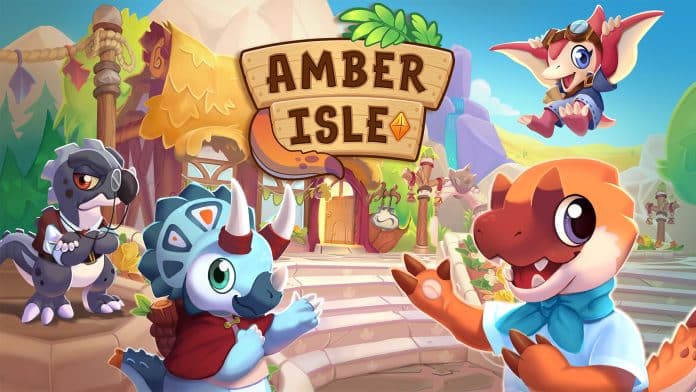 Amber Isle im Test: Auf Bild sehen wir verschiedene glückliche Dinosaurier auf einem Inselparadies.