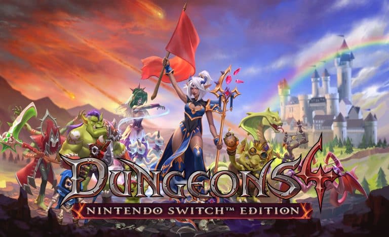 Das Dungeons 4 Logo vor einer Reihe an Kreaturen mit Thalya in der Mitte, die triumphierend eine rote Fahne schwenkt