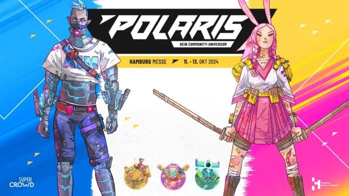 Polaris 2024: Unser Fazit. Auf Bild sind die beiden Maskottchen der Polaris Maggie und Ray. Maggie trägt ein pinkes Outfit und ein Holzschwert. Bei Ray handelt es sich um einen Cyborg mit blauen Lichtern.