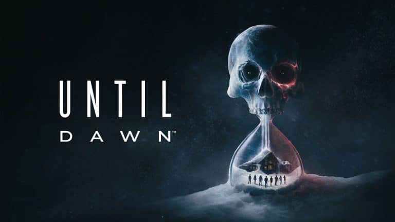 Until Dawn: Das Bild zeigt eine Sanduhr, dessen oberer Teil einen Totenkopf zeigt, während sich im unteren Teil eine verschneite Hütte und acht Personen erkennen lassen.