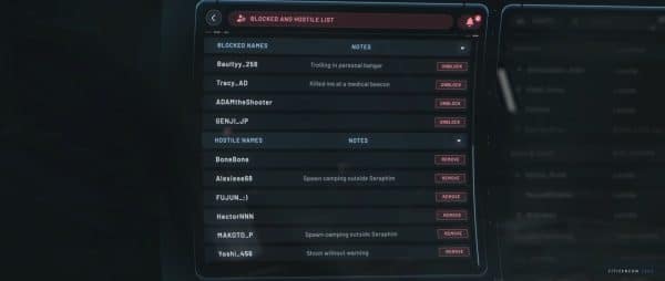 Star Citizen Mobiglas Block- und Feindliste