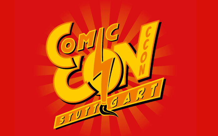 Das Bild zeigt das gelbe Logo der Comic Con Stuttgart auf rotem Grund