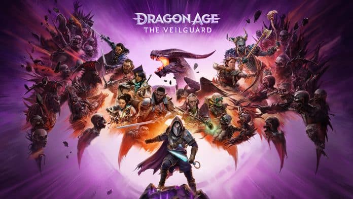 Dragon Age The Veilguard Review: Das Bild ziert Protagonist Rook umgeben von seinen Begleitern. Im Hintergrund öffnet ein Drache seine Schwingen.