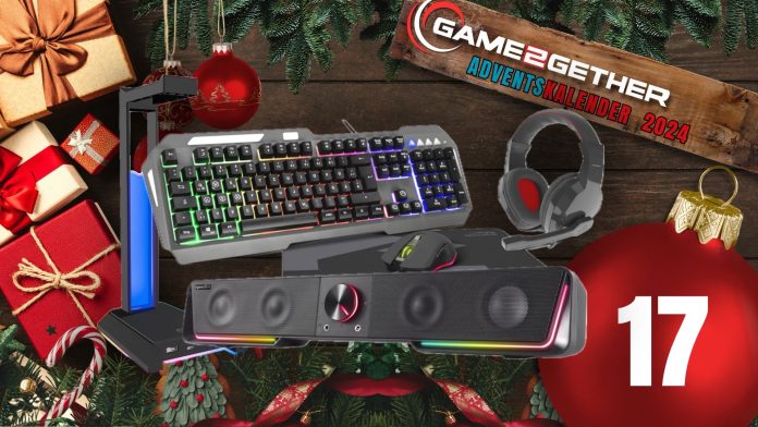 Das Bild zeigt die Preise des 17. Türchens des Game2Gether Adventskalender bestehend aus: LUNERA 4in1 RGB Gaming Set, EXCELLO NX RGB Headset Stand und Gravity RGB Soundbar