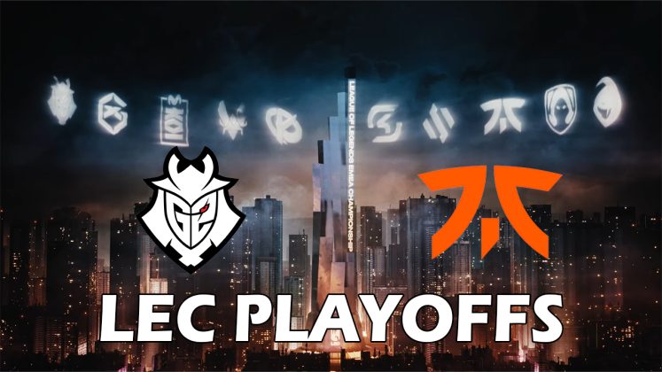Ein Bild das die LEC Trophäe inklusive aller LEC Teams zeigt. Hervorgehoben sind die Logos von G2 Esports und Fnatic.