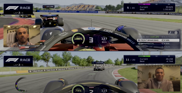 Das Bild zeigt Splitscreen Action des neuen F1 25 Teil mit Lewis Hamilton und Kylian Mbappe
