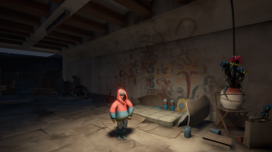 Ein Junge in einer roten Jacke steht vor einer Matratze unter einer Brücke