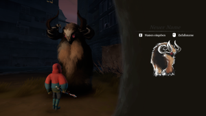 Ein Junge steht vor einem großen flauschigen Wesen mit Hörnern