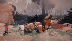 Eine Herde zieht durch einen Fluss in einem Wald