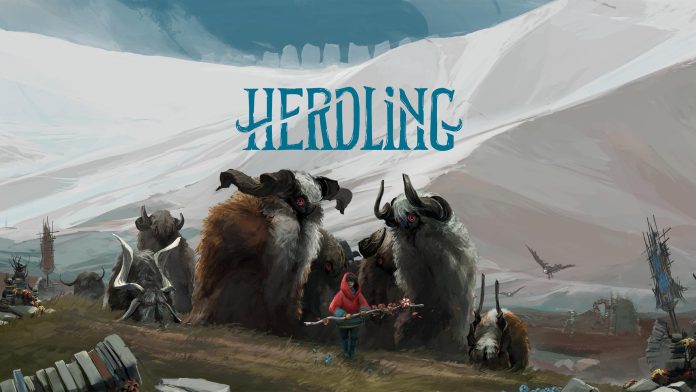 Beitragsbild_Herdling_Review Das Titelbild von Herdling mit dem Protagonistin in der Mitte und seiner Herde dahinter