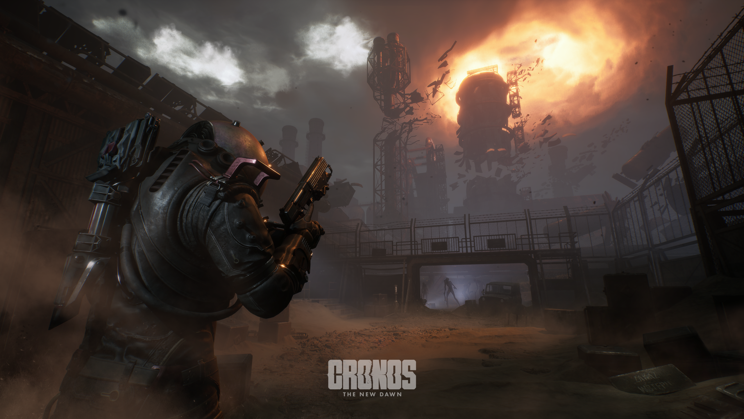 Die Traveler in schwerem Anzug zielt in einem Industriehof; am Himmel reißt ein feuriger Riss neben zersplitterten Türmen – bedrohliche Encounter-Szene.