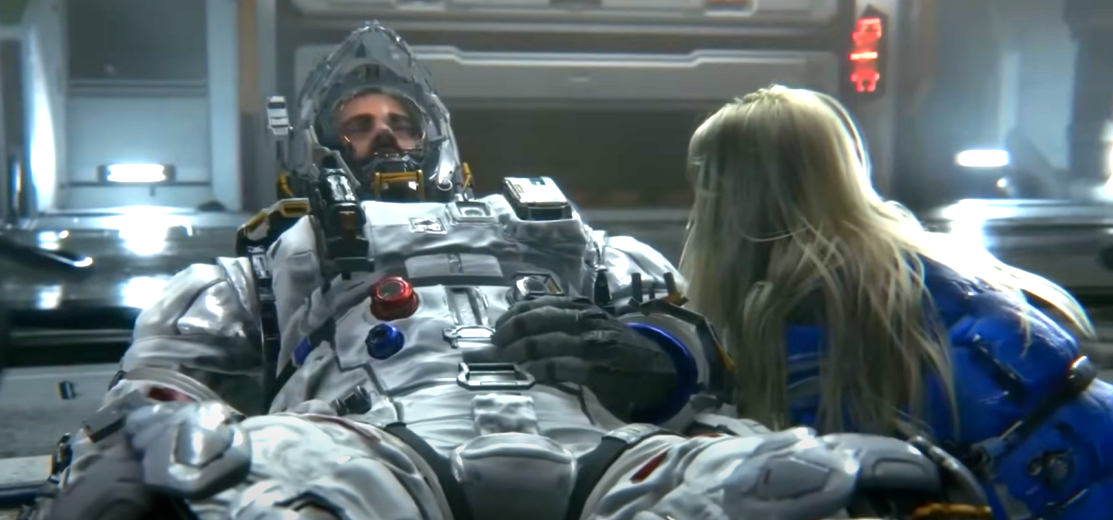 Astronaut liegt verletzt auf dem Rücken. "Das Mädchen" kniet vor ihm und begutachtet ihn.