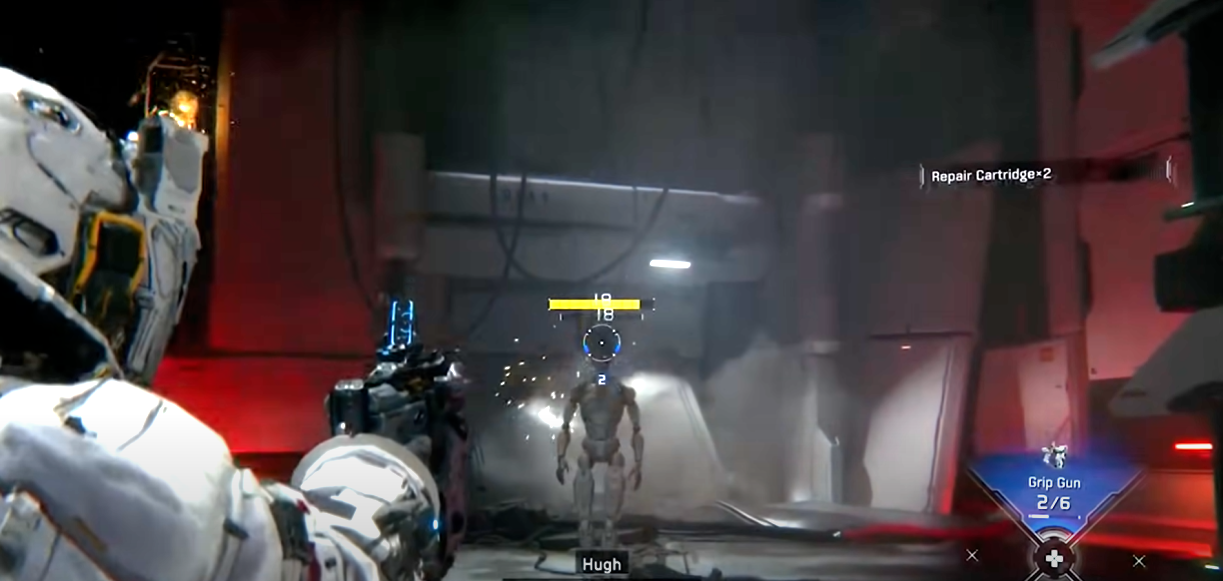 Astronaut zielt auf Gegner.