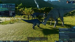 Ein Dino Junges kuschelt seinen Kopf, an den der Mutter.