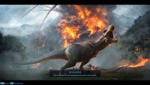 Ein T-Rex steht vor einem ausbrechenden Vulkan