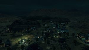 Ein Saurierpark in der Wüste mit einer großen Kuppel.