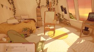 Ein gelbes jugendliches Zimmer mit Staffelei.