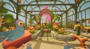 Ein Gartenhaus mit vielen Tauben.