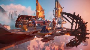 Ein Luftschiff mit einem Soldaten und einer darauf gebauten Kanone.