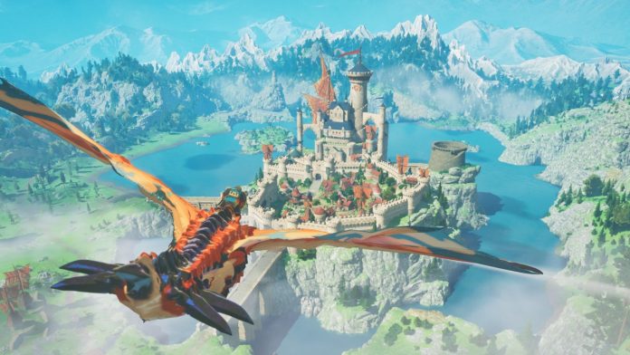 Monster Hunter Stories 3 Drachen fliegt auf Burg zu