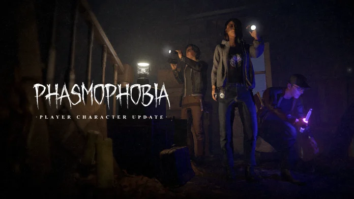 Dunkles Promo-Bild zum Phasmophobia Character Update: Mehrere Spielfiguren stehen mit Taschenlampen und Geisterjäger-Ausrüstung in einer düsteren Umgebung, während links das Phasmophobia-Logo eingeblendet ist.