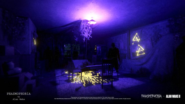 D&uuml;sterer Phasmophobia-Innenraum im Alan Wake II Crossover mit violettem Licht, gelben Dark-Place-Symbolen und mehreren Schattenfiguren.