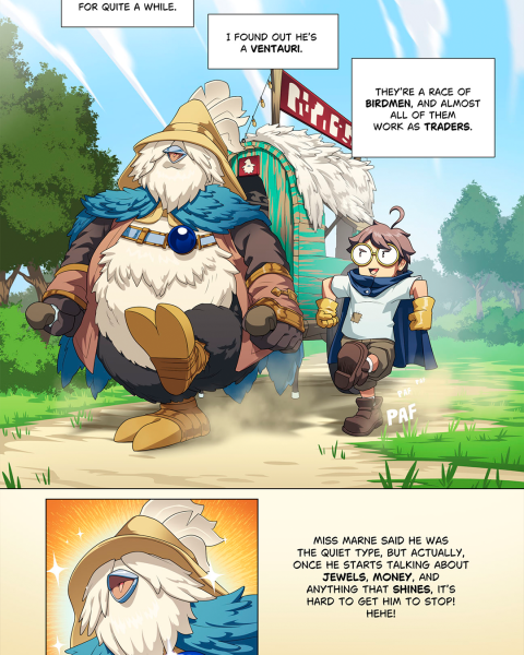 Comic-Seite aus EDEN’S FRONTIER mit Hiro und einem großen vogelartigen Ventauri auf einem hellen Waldweg.