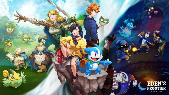 Keyart zu EDEN’S FRONTIER mit mehreren Hauptfiguren, Kreaturen und hellen sowie dunklen Landschaftsbereichen.