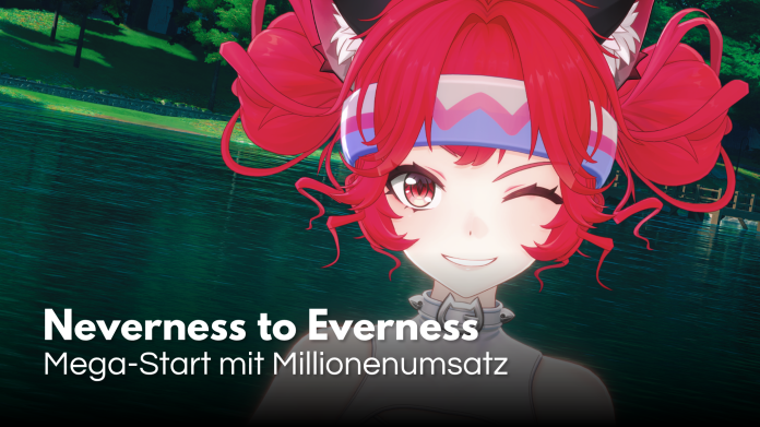 Titelbild zu Neverness to Everness mit einem rot haarigen Anime-Charakter vor einer Wasserlandschaft und dem Text „Mega-Start mit Millionenumsatz“.