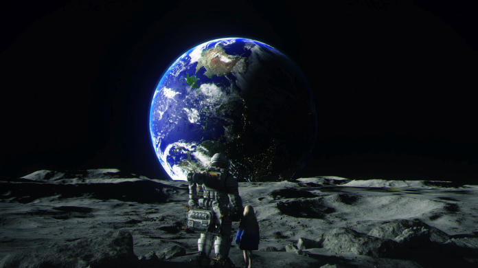 Hugh und Diana auf dem Mond mit Blick Richtung Erde. Pragmata.