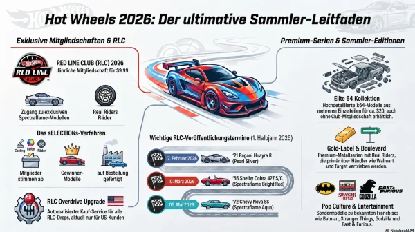 Infografik Hot Wheels 2026 Sammler-Leitfaden: RLC-Mitgliedschaft, sELECTIONs-Verfahren, Overdrive, RLC-Drops 2026 sowie Premium-Serien im Überblick