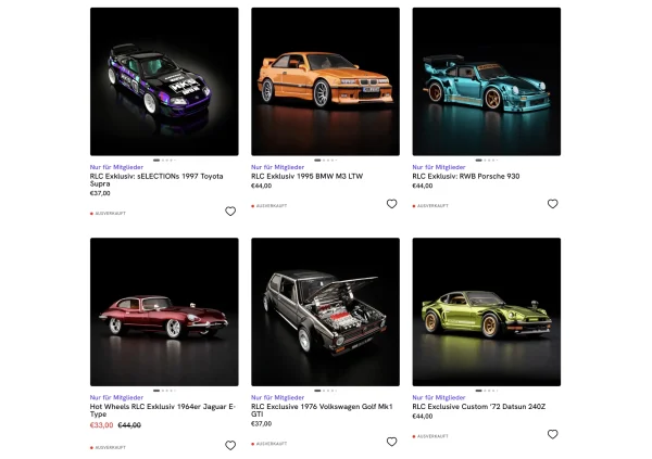 Sechs ausverkaufte Hot Wheels RLC Exklusiv-Modelle auf Mattel Creations DE: Toyota Supra, BMW M3 LTW, RWB Porsche 930, Jaguar E-Type, VW Golf Mk1 GTI und Datsun 240Z 