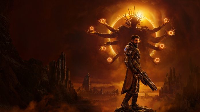 Artwork zu SAROS mit Protagonist Arjun Devraj vor einer düsteren Sci-Fi-Landschaft, während im Hintergrund eine riesige mehrarmige Gestalt vor einer leuchtenden Sonnenfinsternis erscheint.