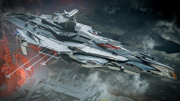 Star Citizen Odin over QV Breaker Station with weapons exposed and launching Hornets from hangar