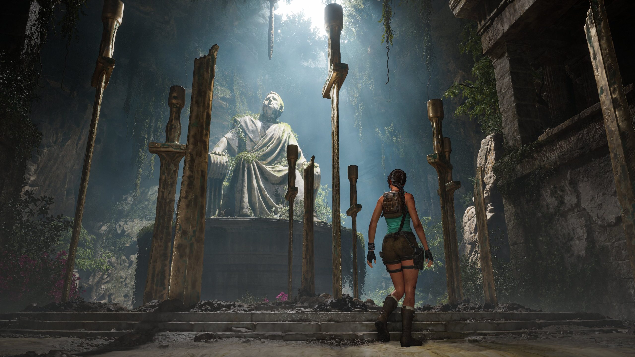 Fallende Schwerter in Legacy of Atlantis denen Lara Croft aus dem Weg gehen muss