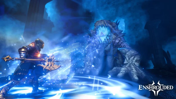 Ein Kämpfer mit goldfarbener Axt steht in einer Ruine einem großen Monster mit blau leuchtendem Maul gegenüber.